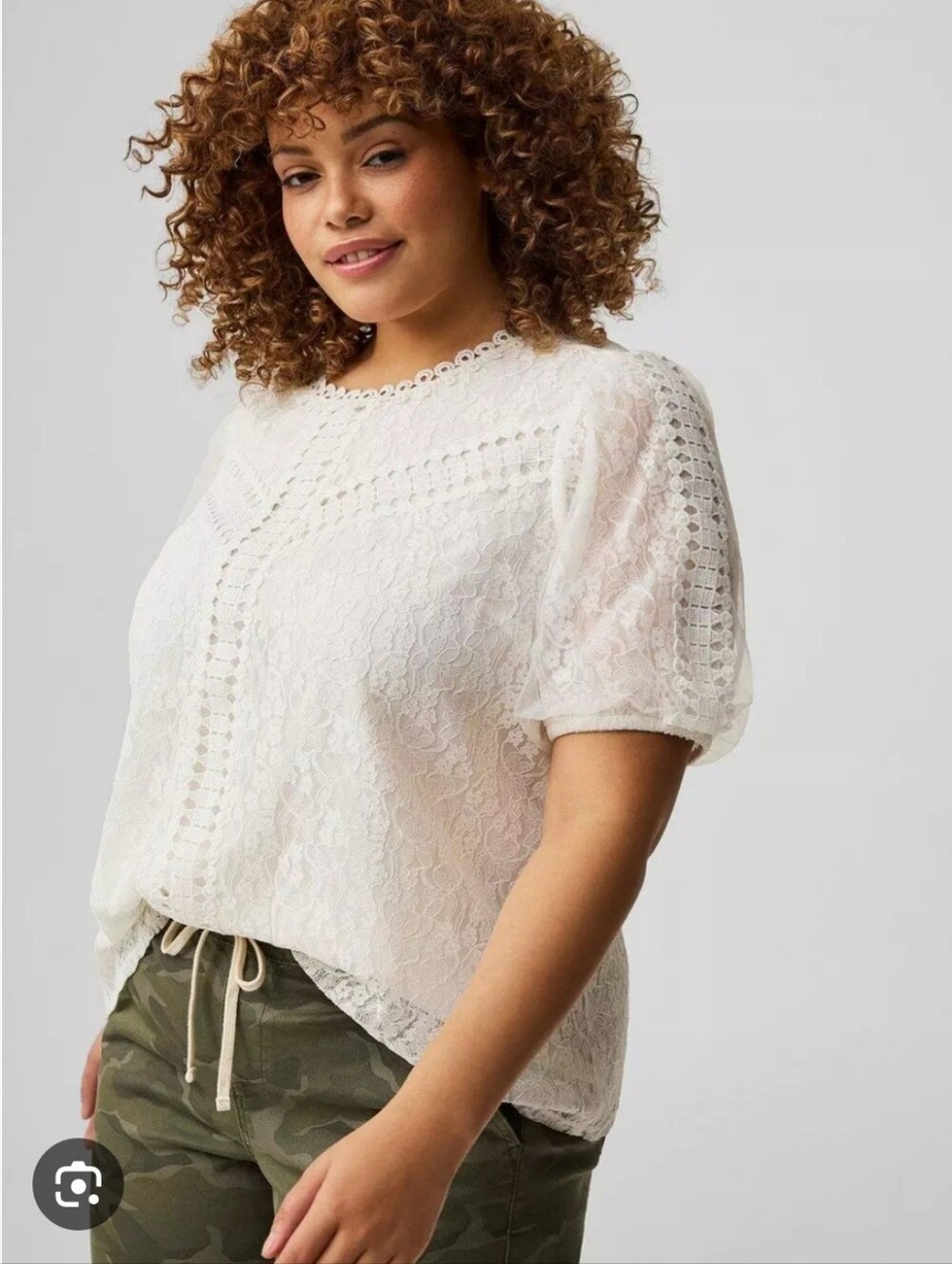 Torrid Sz 1  White Lace Crochet-Trim Short Sleeve Blouse